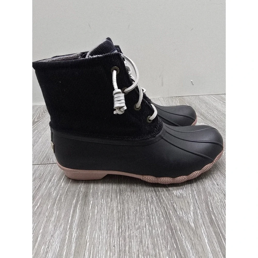Sperry Saltwater Corduroy‎ Duck Boots Womens 7 Black Pink Side Zip STS85323